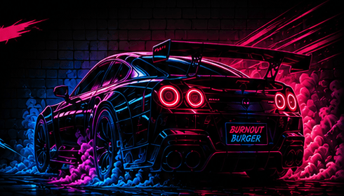 Sportwagen im Neonlicht mit Kennzeichen Burnout Burger