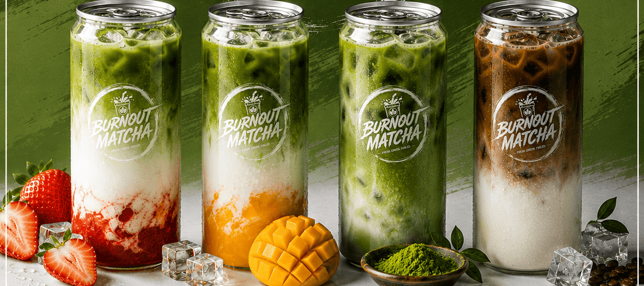 Vier Dosen Burnout Matcha mit Erdbeere, Mango, Matcha und Kaffee
